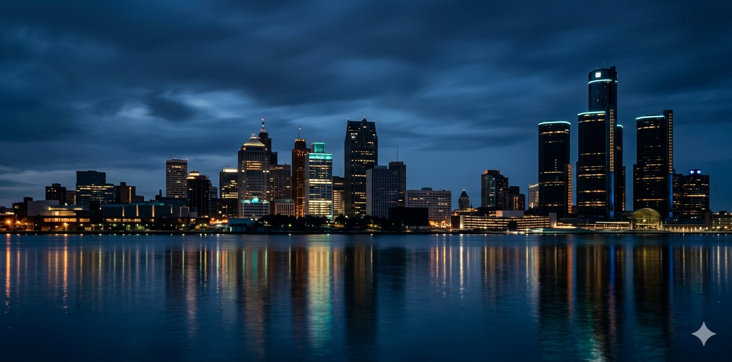 Detroit skyline at dusk reflected on the Detroit River